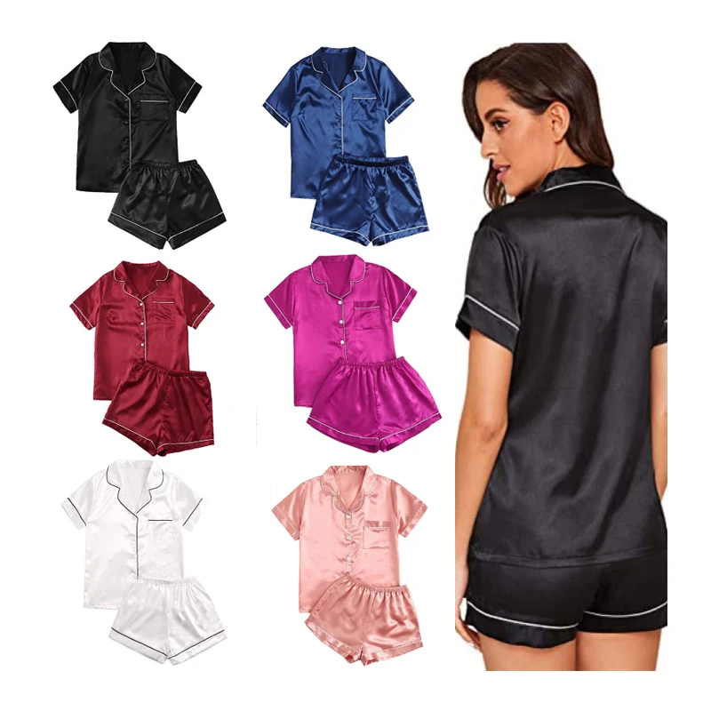 
8029 Women Sleepwear Two Piece Set Short Sleeve Homewear Simulation Silk Satin Pajamas Sets 
