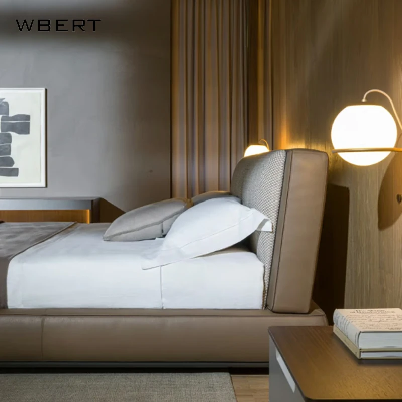 WBERT Italian 1.8m Modern Double Bed Minimal Leather & Solid Wood Frame with Metal & Fabric Soft Upholstered Bed