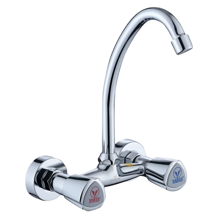 Hot And Cold Swivel Spout Wall-mounted Double-handle Brass Kitchen Sink Basin Mixer Taps Faucet