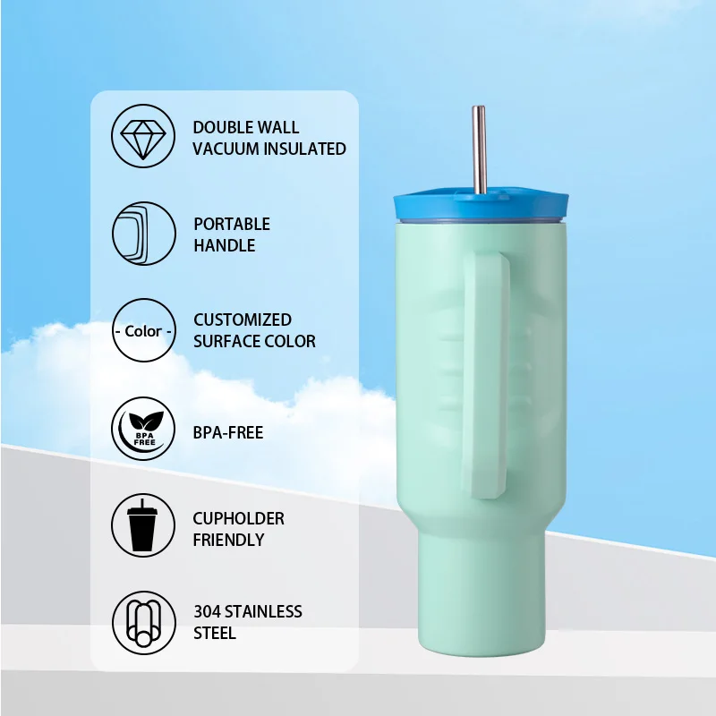 Everich ODM 40oz Double Wall Insulated Vacuum Cup SUS304 Wide Mouth Tumbler 100% Water Proof with Handle