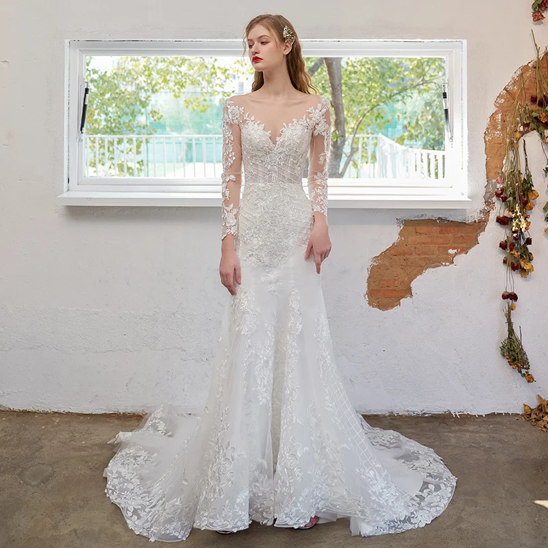
Real picture 2021 high quality luxury ladies simple v-neck white lace sexy long sleeve boho bridal gowns mermaid wedding dress 