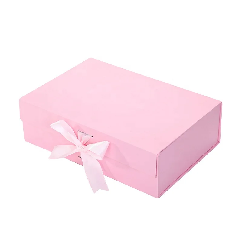 Deluxe Pink Foldable Square Magnetic Closure Presentation Gift Packaging Box With Ribbon Bow