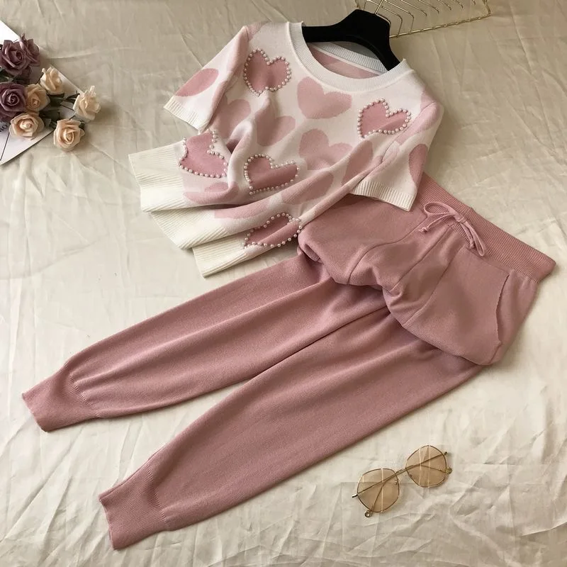 Korean summer Love fall knitted 2 piece Set Women long short sleeve beading Sweater Female tops pants Suit winter fall Tracksuit