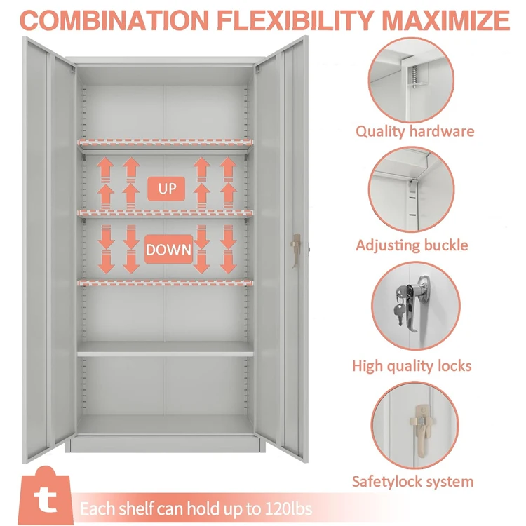 Metal Office garage storage cabinet steel cabinet with 2 doors and 4 shelves