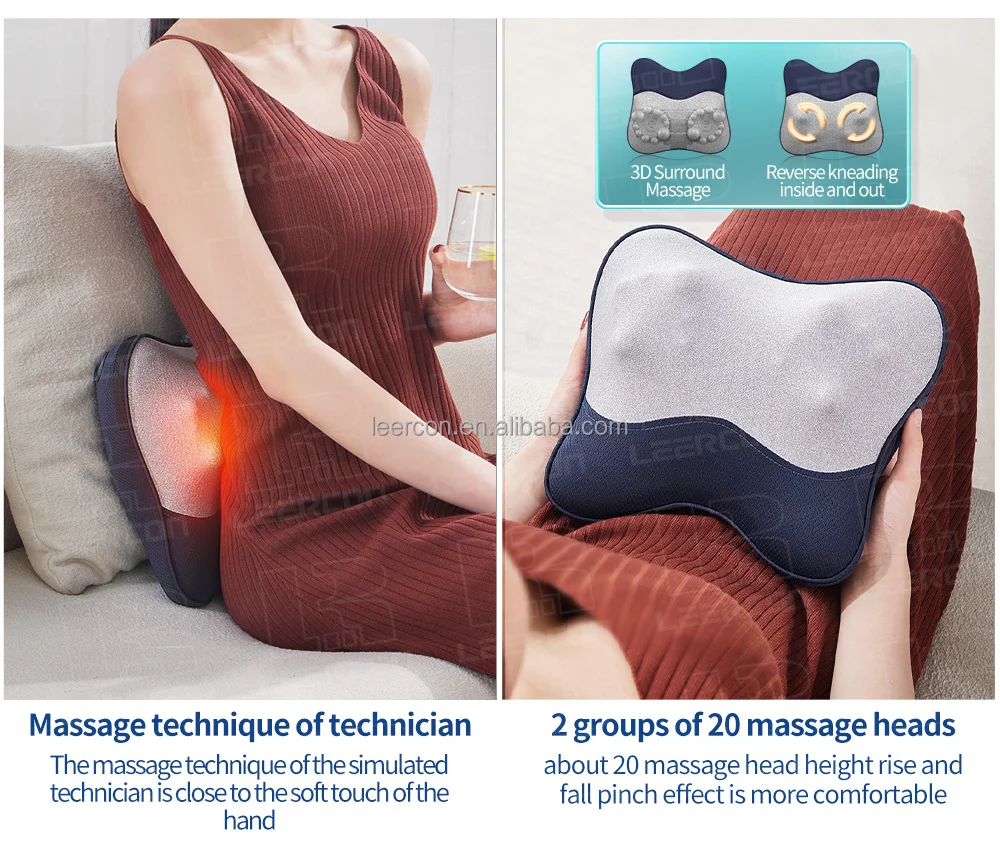 Leercon smart waist square shiatsu travel wireless deep kneading throw pillow back u-shape travel neck massager pillow