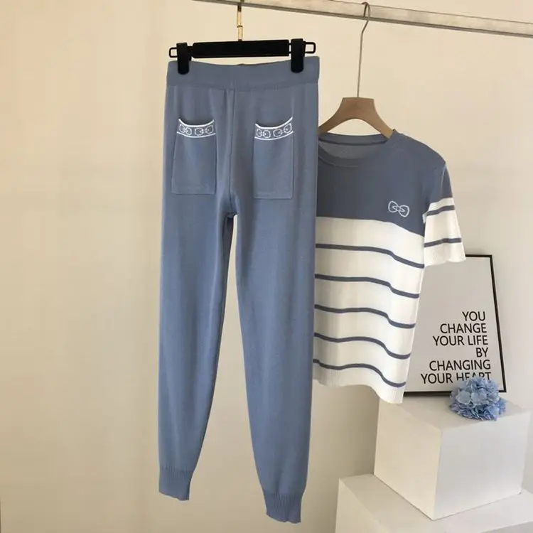 Soiling Hot sales color blocking casual street wear o neck short sleeve knit blouse women 2 piece pants set