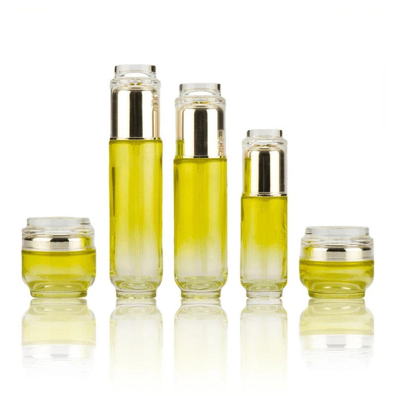 A-152 skin care cosmetic packaging fancy shiny fade yellow 30g 50g 50ml 100ml 120ml cosmetic jar and bottle set with aluminum