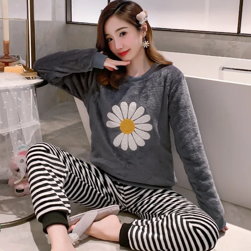 Winter Women Sleepwear Two Pice Suit Night Sleep Wear Clothing Pijama Plush Pyjama Flannel Pajama