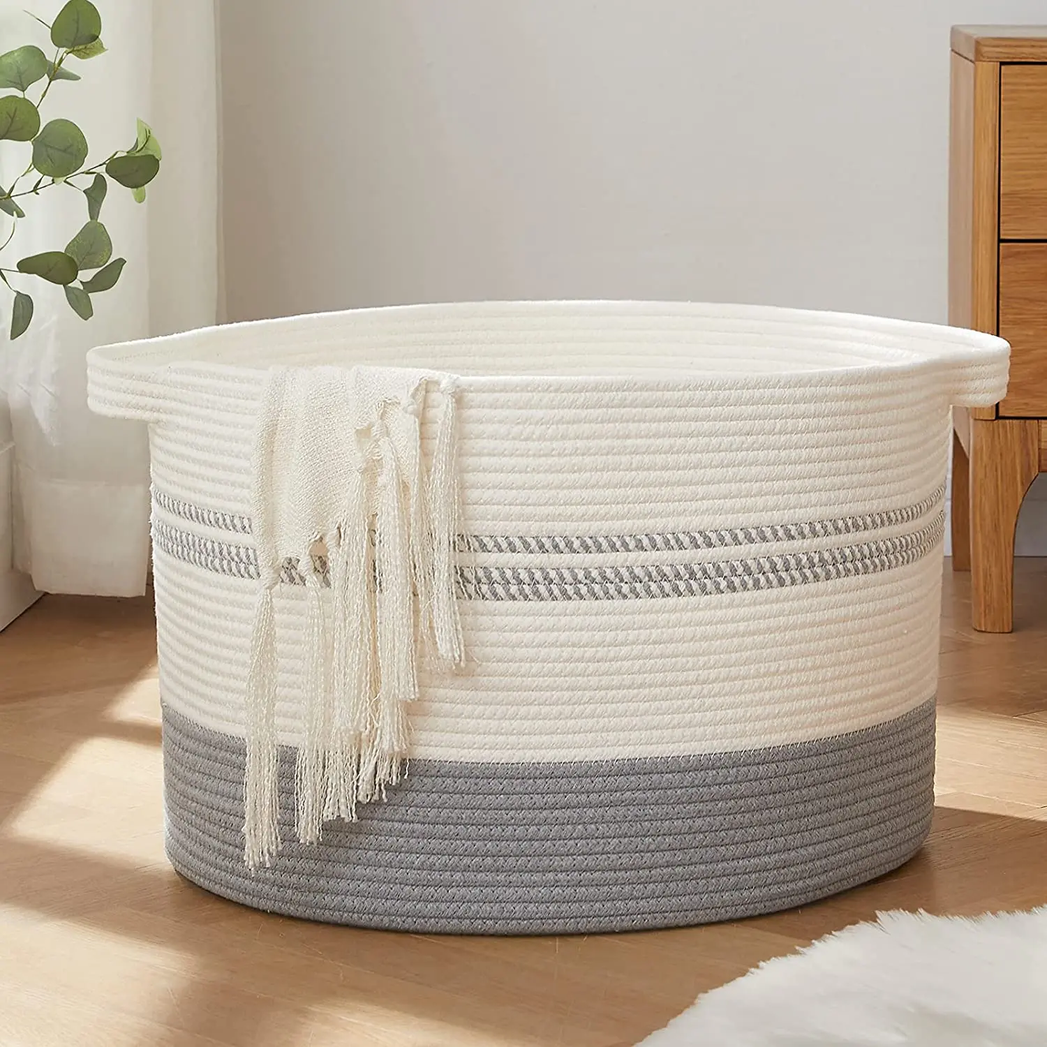 White Large Rope Cotton Woven Storage Laundry Basket