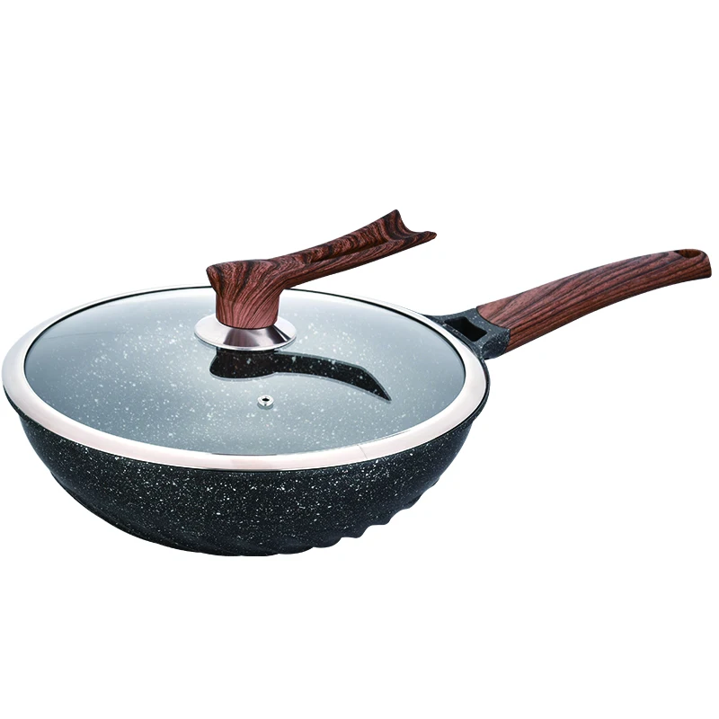 chinese 32cm/30cm die cast non stick pot set used for electric fry wok pan with wooden lid