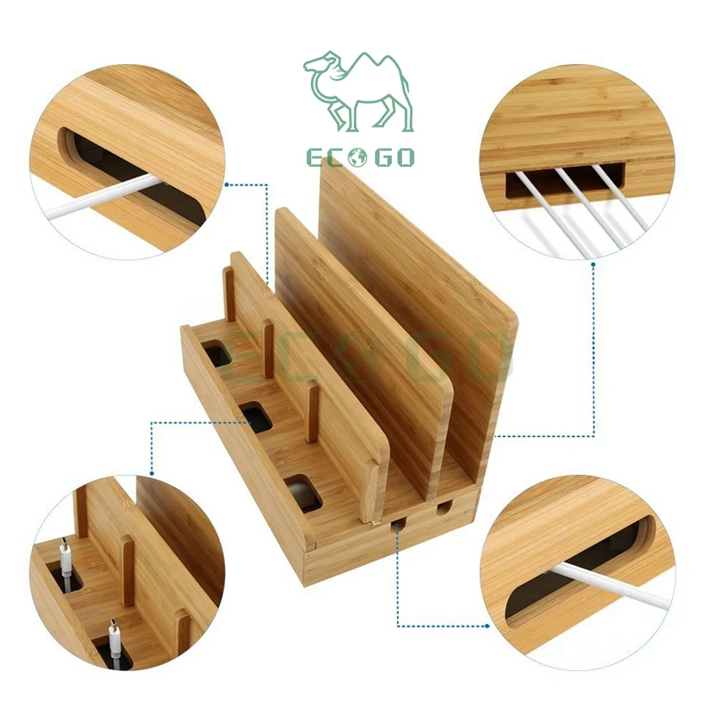Bamboo Phone Charging Station Wood Desktop Cord Organizer Dock Station Tablet Stand Holder with 3 Slots for Electronic Devices