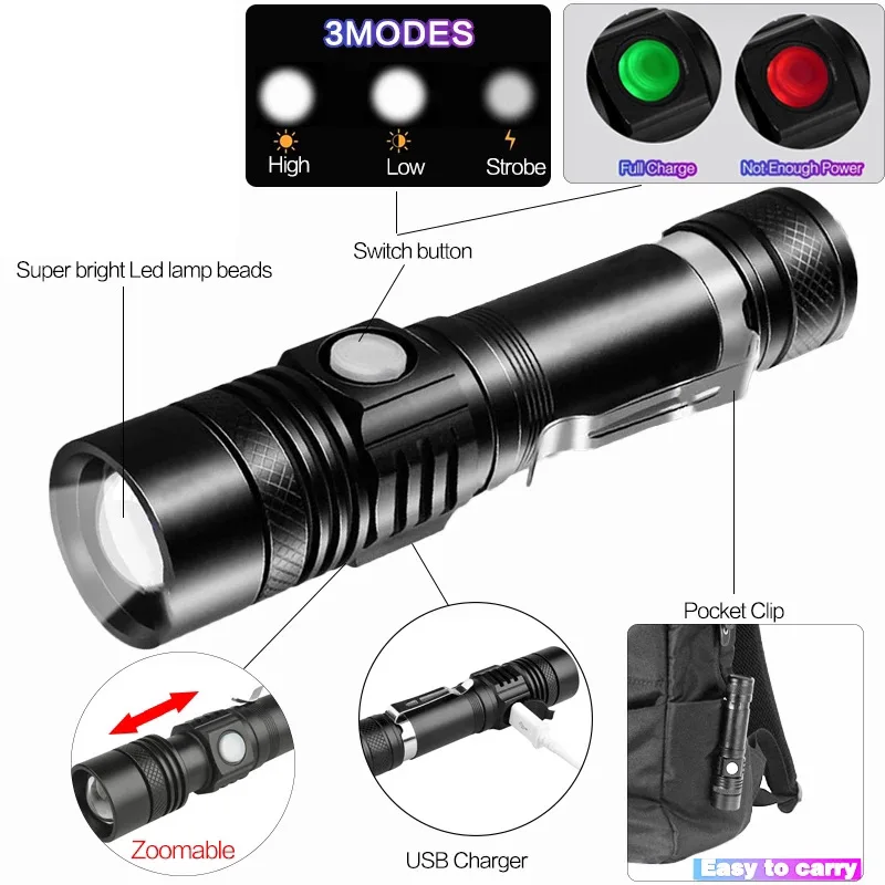 Small Pocket Torch Super Bright USB Rechargeable Torch Flashlight