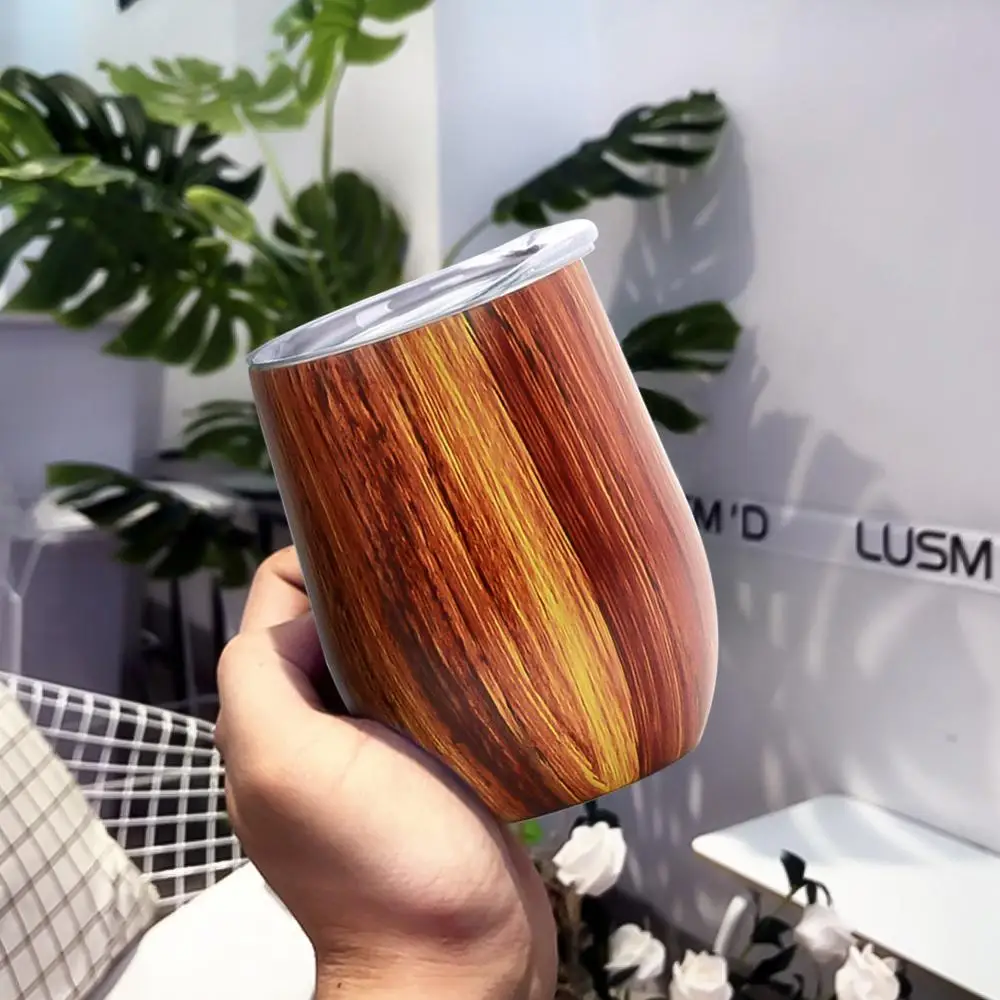 2022 Sweat Free Double Wall Vacuum Insulated Wine Tumbler 12 oz Wooden Grain Egg Cup For Coffee/Wine/Ice Cream