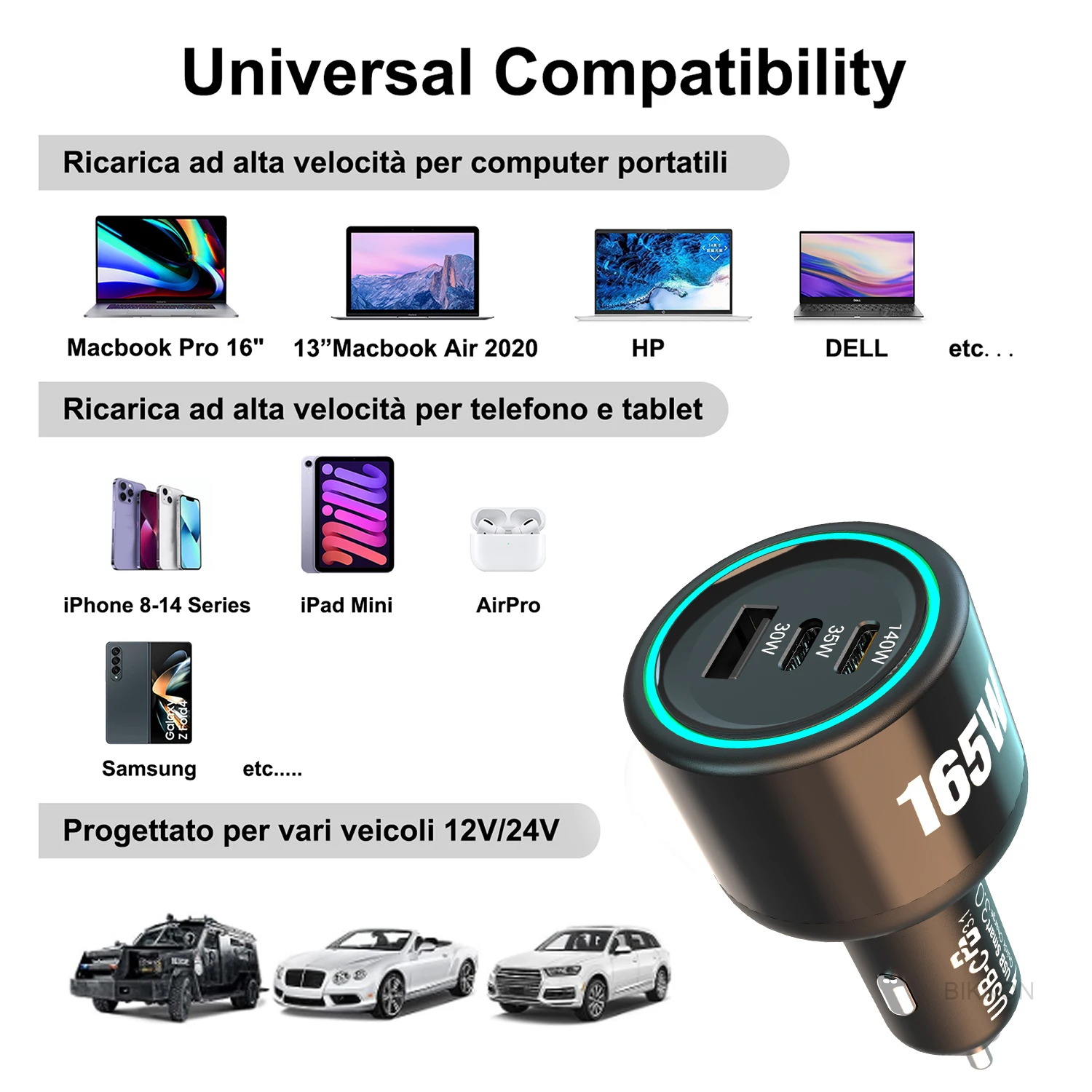 PD 165W Type C Car Charger PD3.1 140W QC3.0 PPS Portable  Laptop Car Adapter Fast Car Mobile Phone Charging for Macbook Notebook