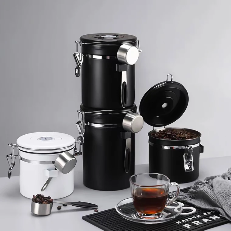 1L 1.4L 1.8L Black Coffee Storage Airtight Canister Stainless Steel Food Storage Container With Date Tracker