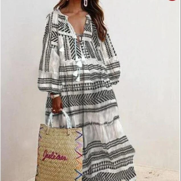 Customized Banch Long Sleeve V-neck Casual Maxi Dresses Women