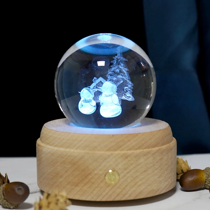 Factory Wholesale 80mm Transparent 3D Laser Engaved Crystal Ball Music Box Sphere
