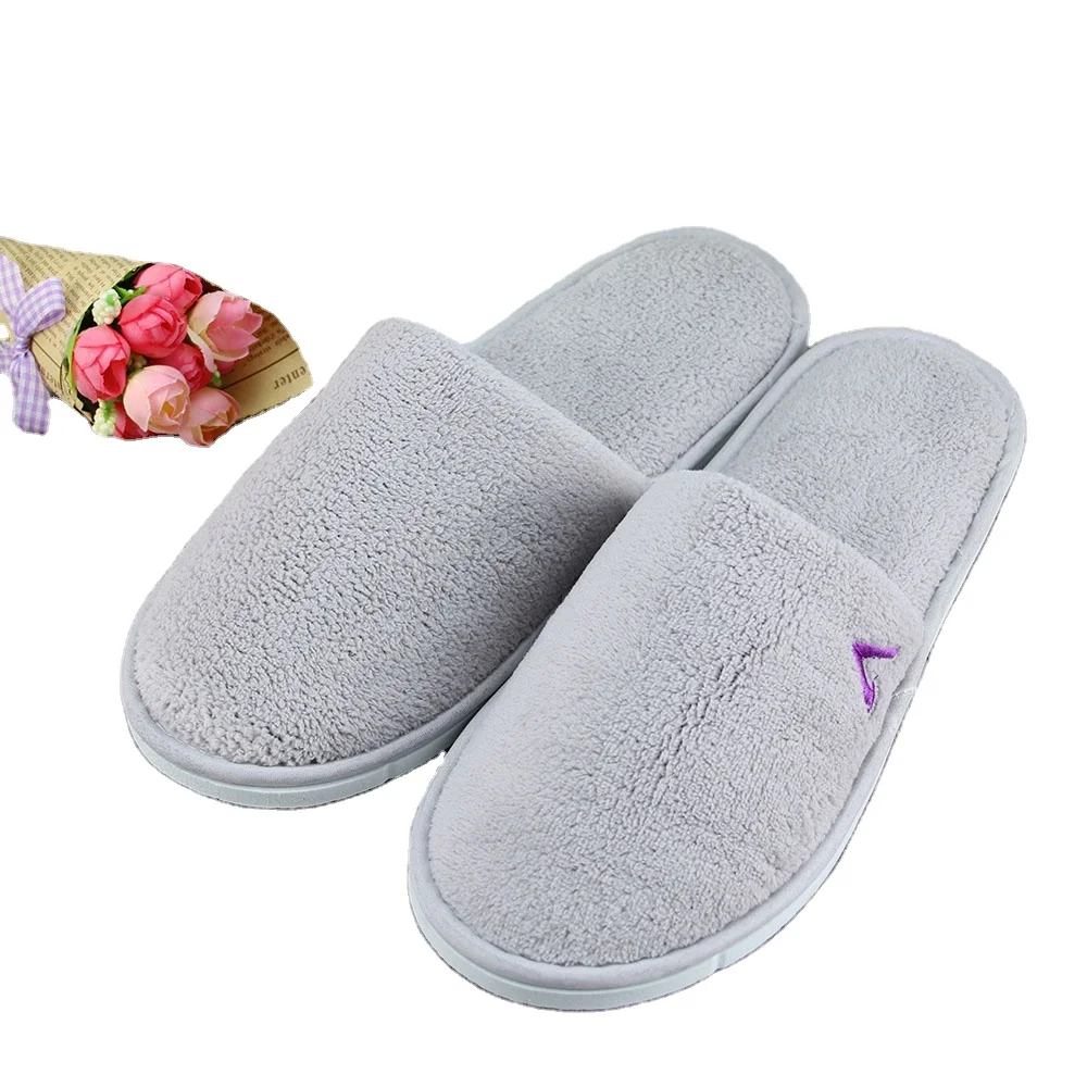 closed toe grey coral fleece washable   Hotel Slipper with custom logo