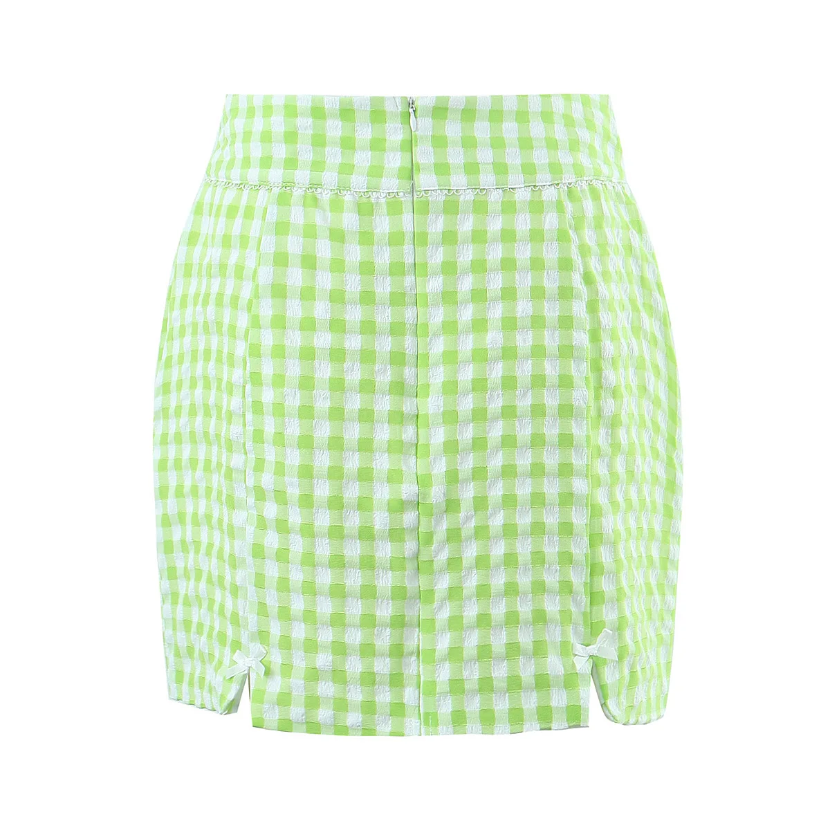 Green color front slit and bow tie back zipper casual fashion mini skirt for women