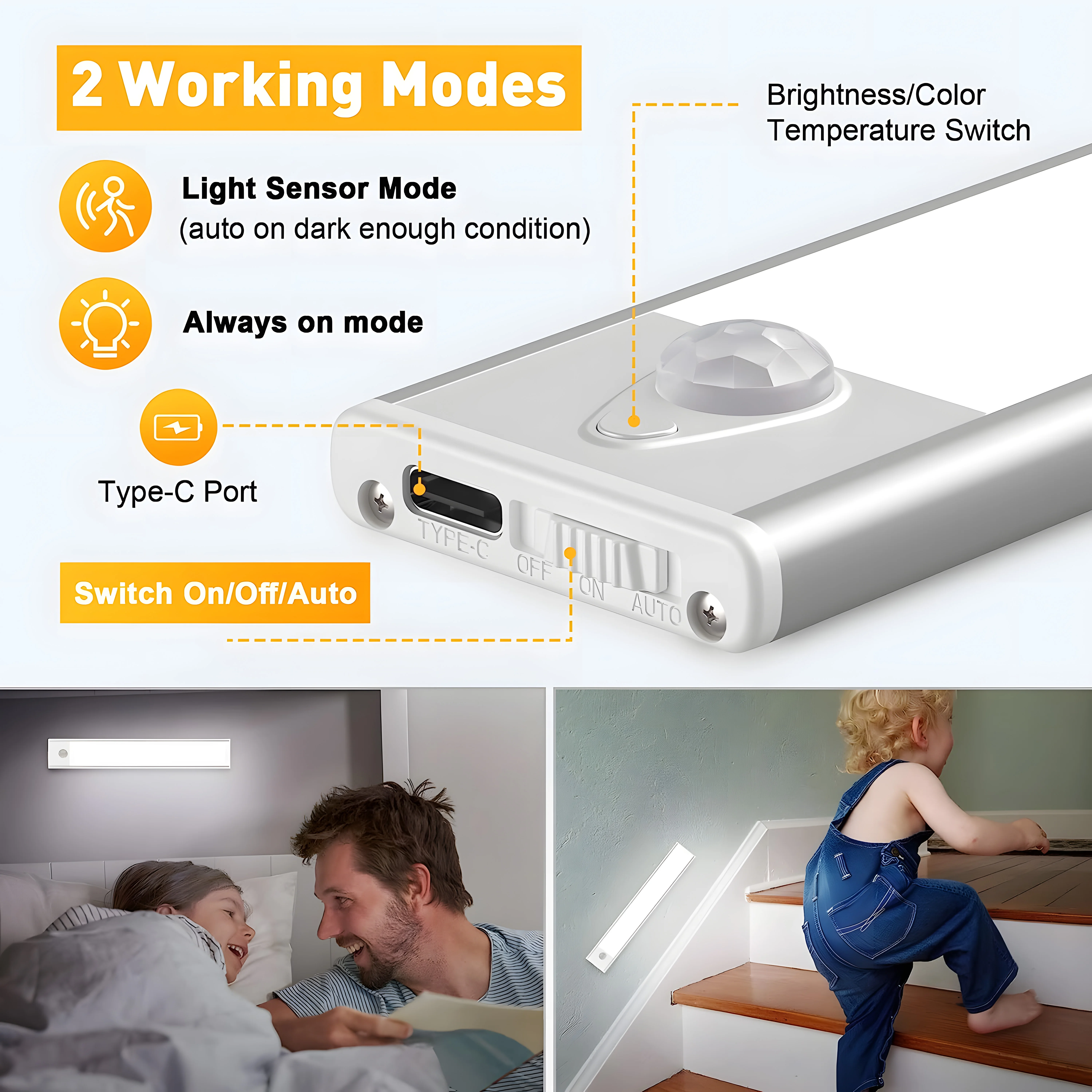 Rechargeable Magnetic Wireless Self-Adhesive Three-Color Induction Kitchen Lamp Sensor Home Use-for Cabinet Wardrobe Wine