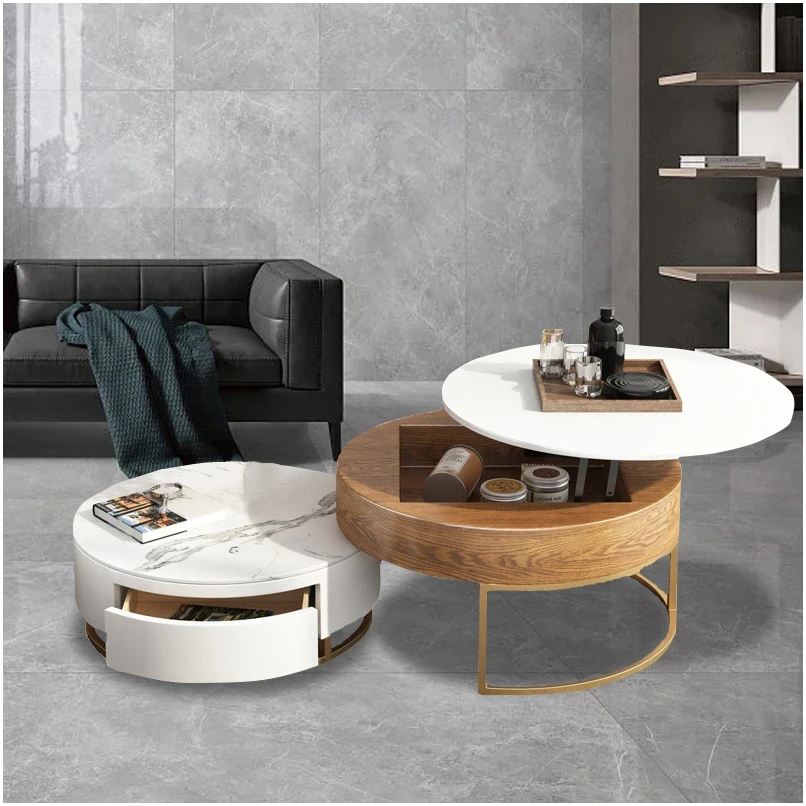 Special White Gloss Round Solid Glass Coffee Table Marble/Wood Coffee Table With Metal Leg
