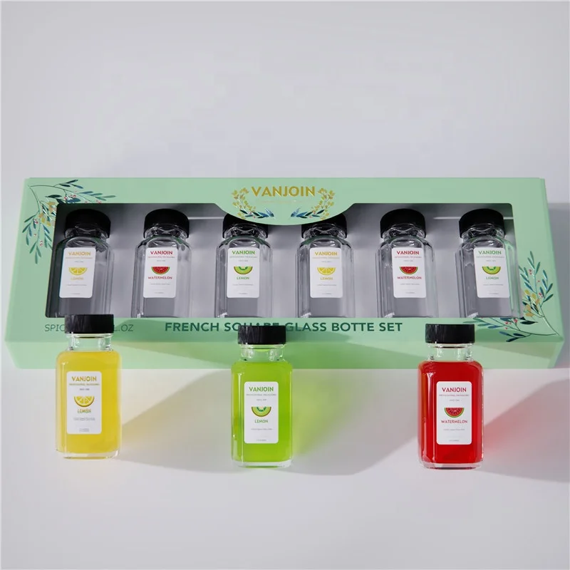 6 pack Reusable Ginger Shot Bottle with Lid, 2 oz 2 ounce Small Glass Jars with Airtight Lids, Fresh Energy Shot Bottles Square