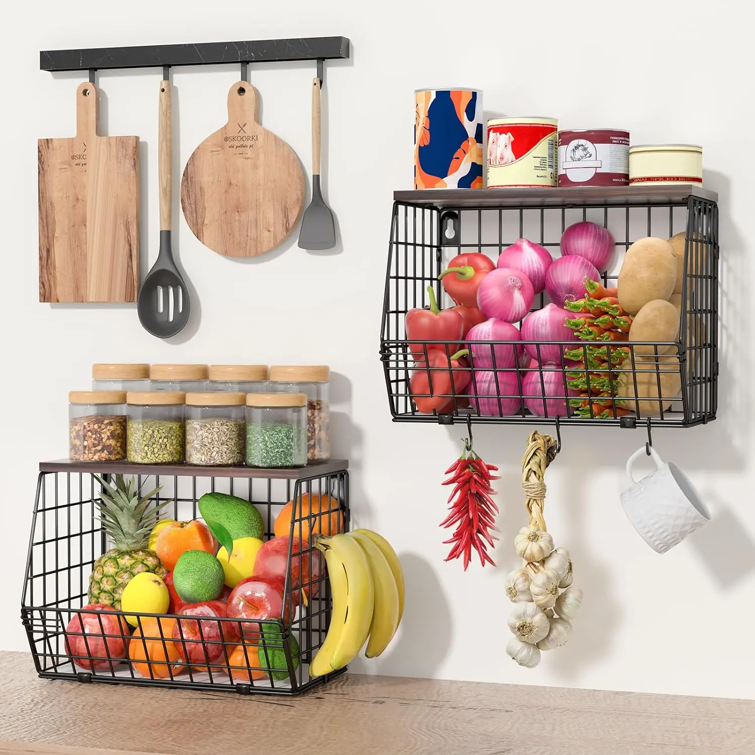 New Kitchen Counter Fruit Basket Stackable Wire Hanging Iron Baskets Hanger Hooks Wall Mounted Fruit Vegetable Storage Metal