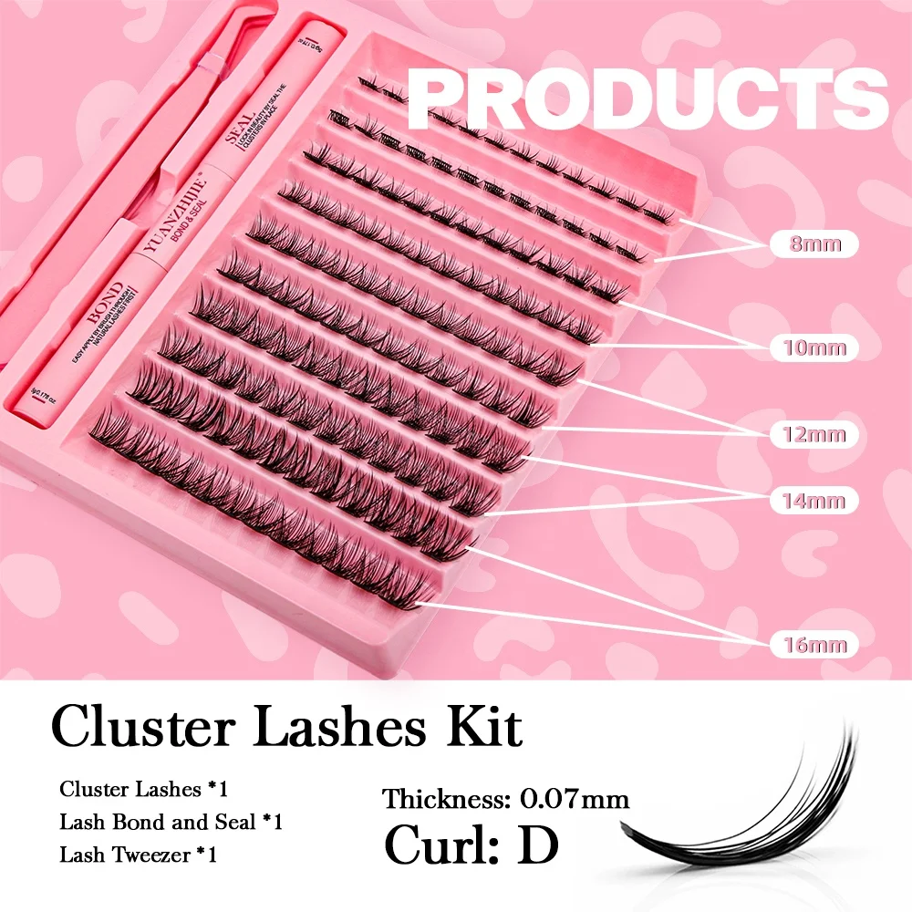 Customized Private Label DIY Heat Bonded Lash Extension Kit with Bond&Seal and Pink Tweezer Cluster Lashes Makeup Tools