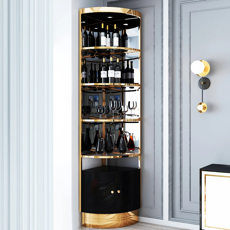 Modern living room stainless steel metal frame wine display cabinet Luxury Double door glass corner bar wine storage cabinet