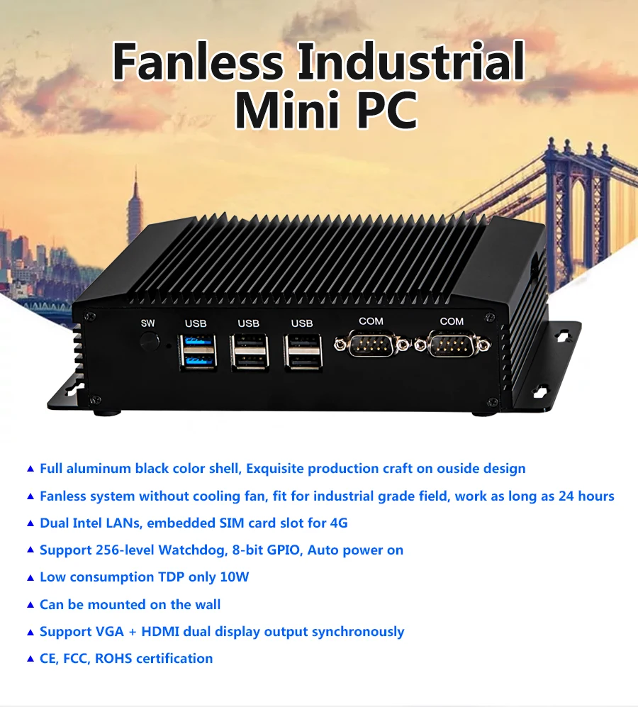 4GB DDR3L J1900 industrial pc RAM DC 12V 6COM fanless case Dual LAN support ACPI mini industrial pc