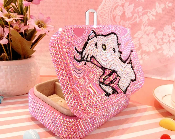 Hot Sale Daily Little Kitten Use Bling Bling Crystal Rhinestone L  Durable Leather Cosmetic Box with Mirror Make up Cases