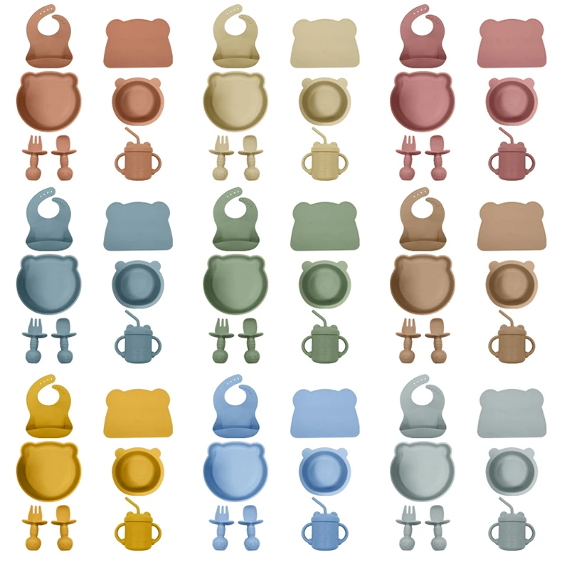 New Arrival Eco Friendly Non Toxic Silicone Feeding Suction Plate Bowl Spoon Bib Silicone Baby Feeding Set Bpa Free Tableware