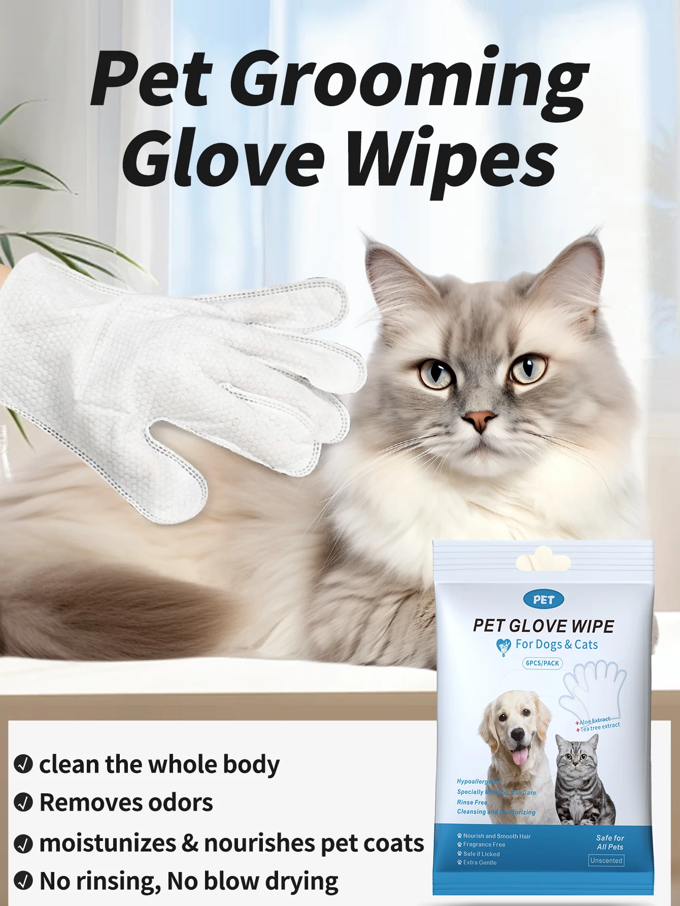 Eco-Friendly Alcohol-Free Natura Pet Grooming Wet Wipes Disposable Dog and Cat Cleaning Gloves