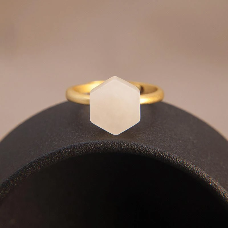 Minimalist Design Chinese Style Natural White Jade S925 Sterling Silver Ring Geometric Opening Ring Jewelry