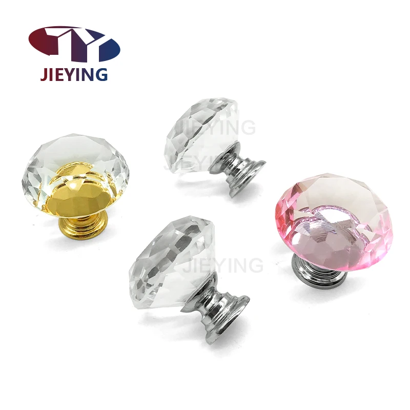 Jieying Gold Diamond Crystal Handle 30mm European American Cabinet Door Wardrobe Single Hole Knob Drawer Furniture Handle