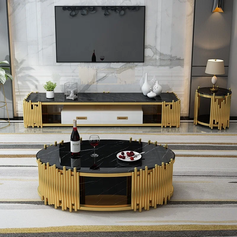 Factory price Tempered glass coffee table Art Luxury Salon Furniture Stainless Steel Base Marble Top Living Room Coffee Table