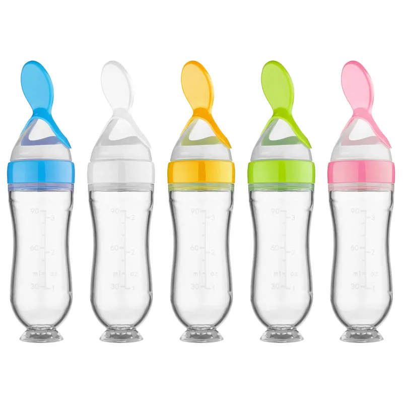 Baby Feeding Product BPA Free 90ml Silicone Baby Spoon Feeder Bottle Kid Food Dispensing Spoon