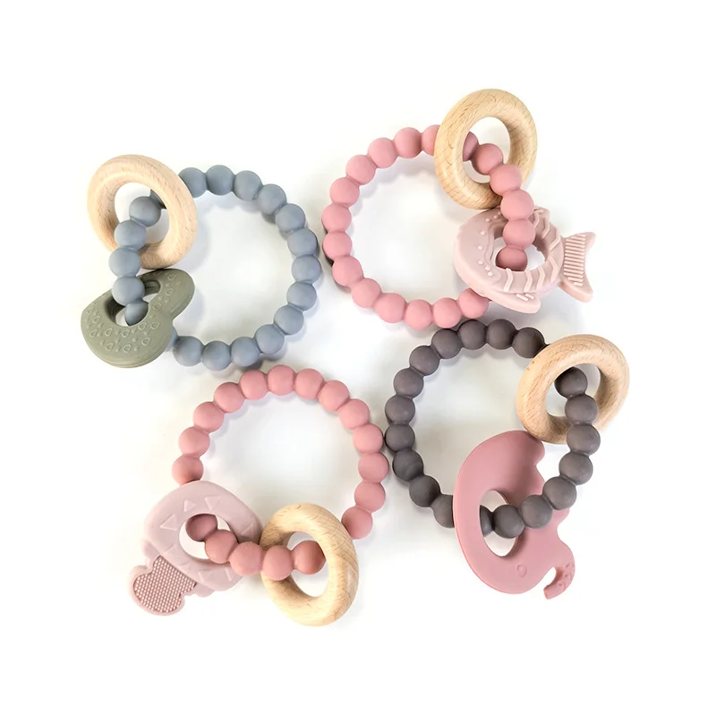 Food Grade Beech New Design Sensory Baby Teething Toys Rattle Baby ring chew teething Silicone Animal baby Teether Toys