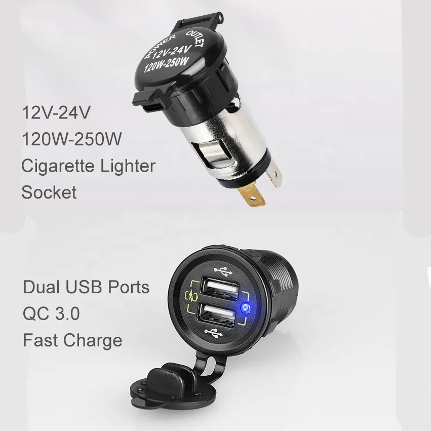 12V 24V Dual USB Charger Socket for Car Boat Bus VAN RV Panel mount USB Charging Port Cigarette Lighter outlet