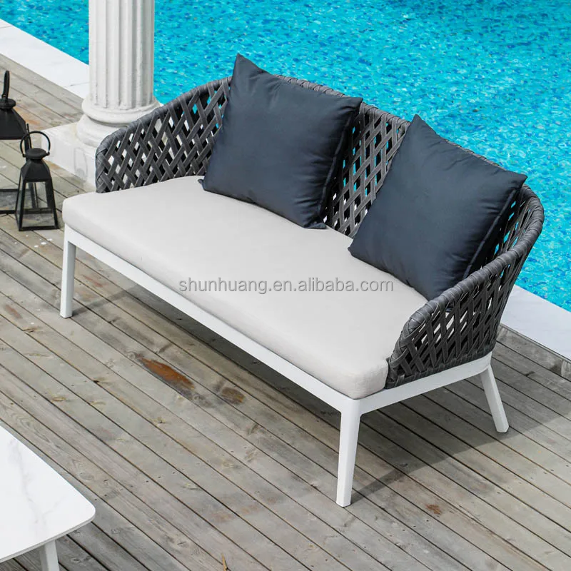 High-end market modern outdoor aluminum rope sofa set waterproof soft gray cushion for poolside leisure sofa set furniture