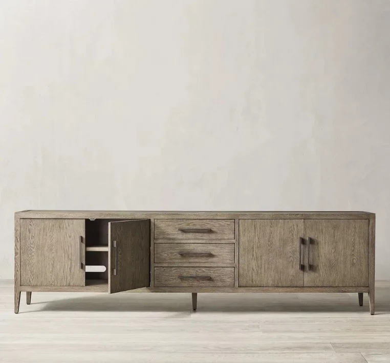 Modern American style living room wood media console French contemporary oak panel 4-door media console with drawer