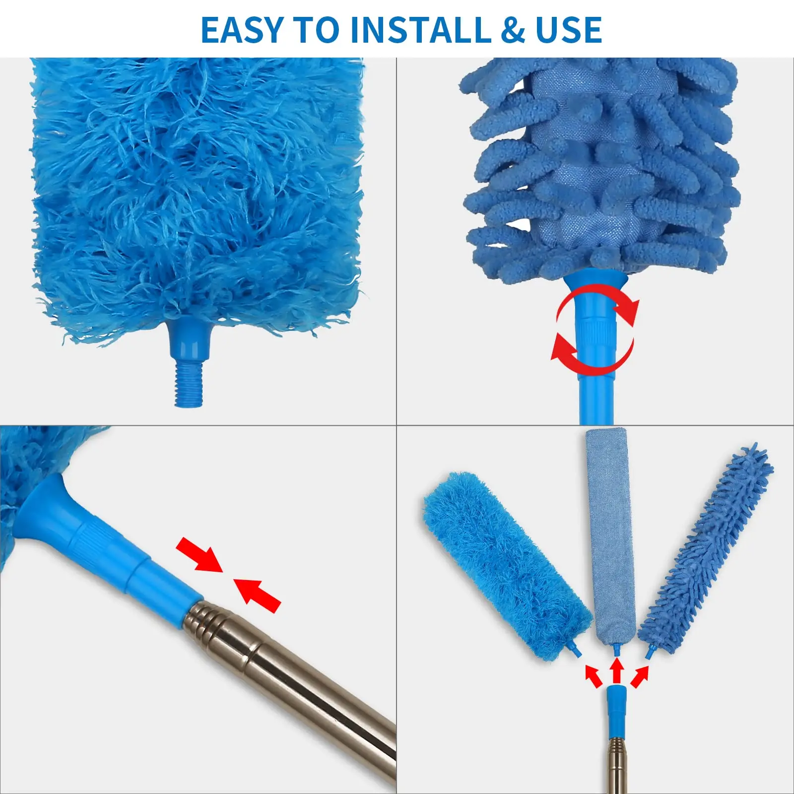 Stainless Steel Extension Pole cobweb ceiling cleaning brush car duster Cobweb Duster Bendable microfiber dusters for cleaning