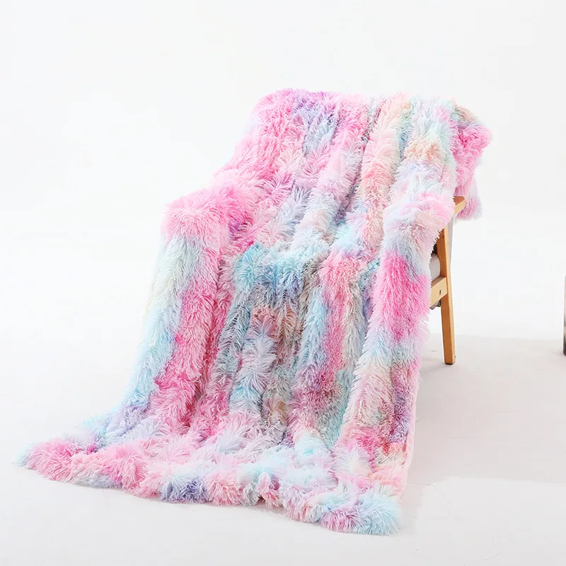 Super Soft Plush Blanket Rainbow Coral Fleece Blankets Colorful Cushion Cover Furry Fuzzy Fur Warm Cozy Couch Blanket for Winter