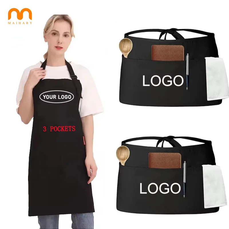 Hot Selling Serving Restaurant Home Black Half Apron Waitress Waiter Waist Apron With 3 Pockets for Women Men