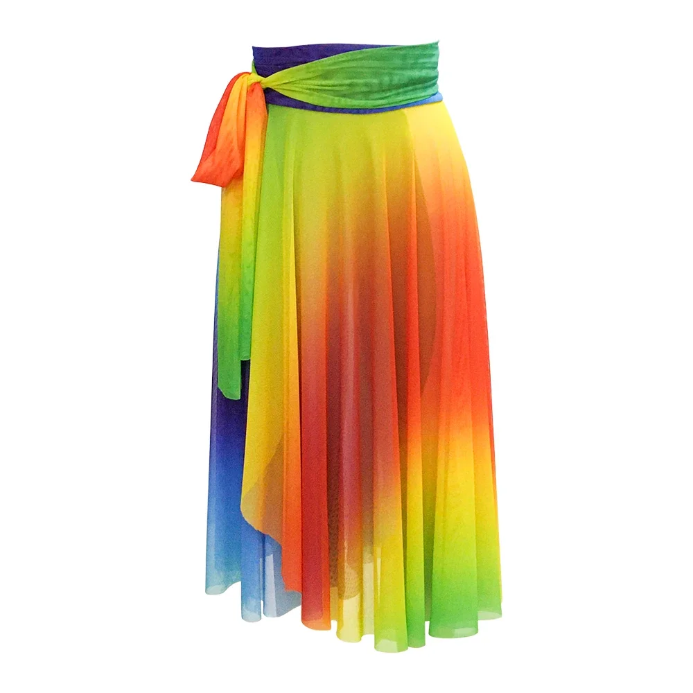 MiDee Rainbow Long Mesh Dress for Girl Women Gradient Lace Up Contemporary Lyrical Dance Wear Modern Ballet Dance Outfit