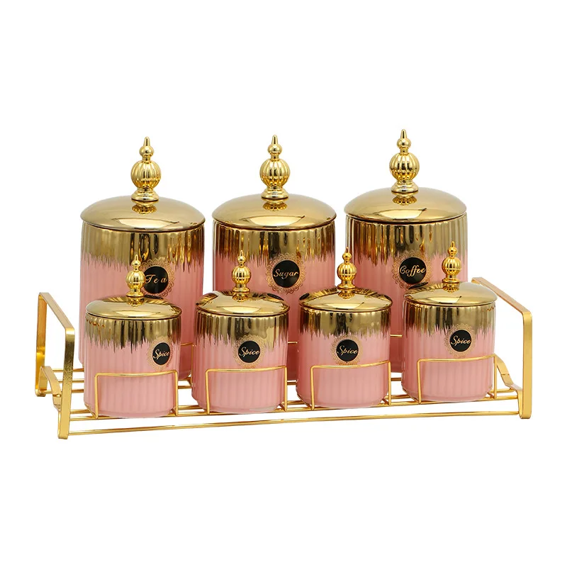 Spicy Pot Set Rack Condiment Pot Set BIYOU and Gold Hot Selling Middle East Arabic Style Ceramic 7, for Family Kitchen Food