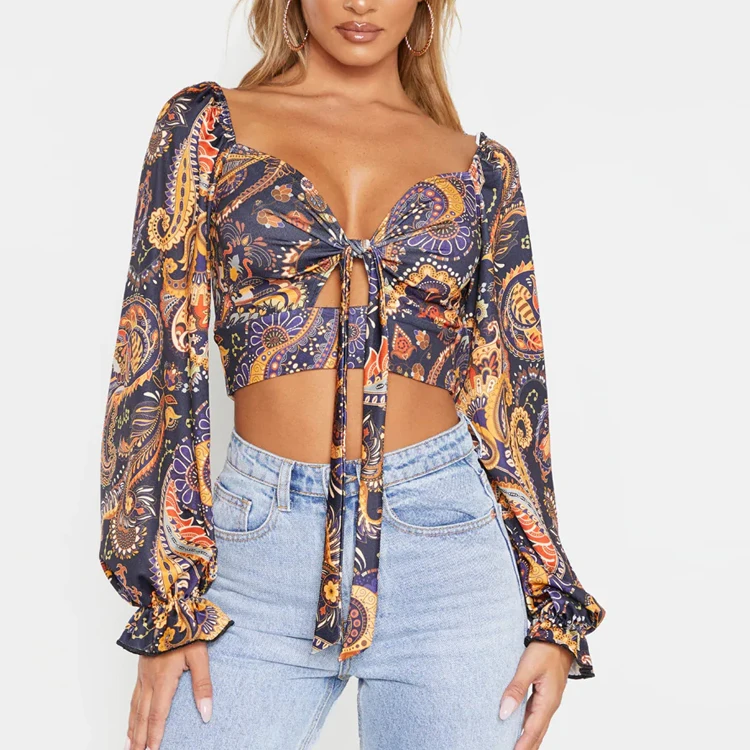Fashion Custom Women Blouses Shirts Off Shoulder Puff Long Sleeve Crop Top Femme Floral Print crop Tops For Women