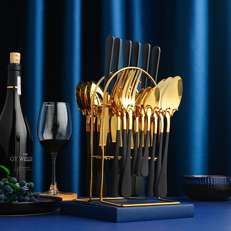 Gold Stainless Steel 24 Pieces Cutlery Sets With Stand knife fork spoon tableware