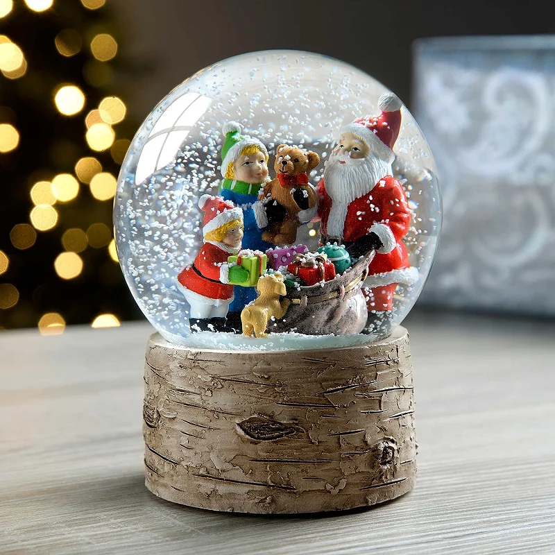 Handmade Resin Decoration Crafts Snowglobes Glass Santa Children and Puppy with Birch Base Christmas Snow Globe