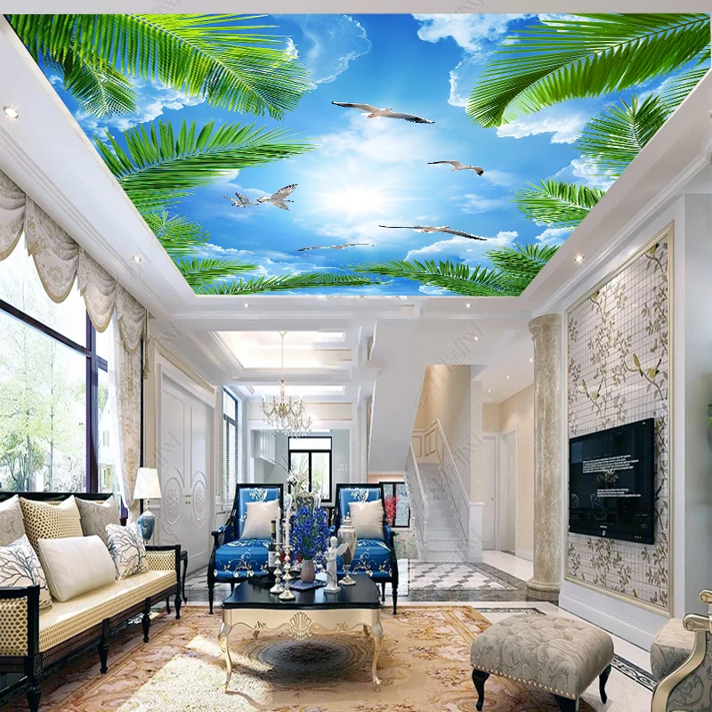 HD Interior 3d Wallpaper Leaf Sky Bird Cloud Wall Mural Ceiling Wallpaper